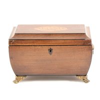 Lot 115 - George III inlaid mahogany tea caddy, sarcophagus shape, ...