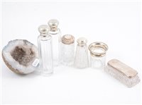 Lot 278 - Six silver topped glass jars and a half geode - one pair of Victorian jars 14cm high hallmarked Birmingham 1886