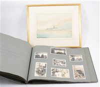 Lot 191 - H.M.S Emerald watercolour 18cm x 26cm mongrammed JA and a scrap book "H.M.S. Emerald on Her Third Commission East Indies Station May1931-June1933" with photographs.(2)