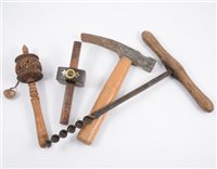 Lot 219 - Three boxes of old toys - saws, old brass tap, melting pot, small tools etc