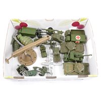 Lot 91 - Military diecast models and vehicles, including Jolliboy II table gun, Dinky Toy models etc, one tray.