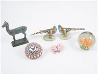 Lot 217 - Pair of filigree and enamelled bird figures, other paperweights and animal figures