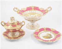Lot 129 - A large Staffordshire dessert service, hand-painted with church and river scenes