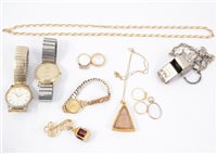 Lot 213 - A jewel box containing a yellow metal pendant with Buddha to centre, two 9 carat yellow gold wedding bands, a diamond three stone ring in 18 carat gold, a small 9 carat gold photo frame pendant wit...