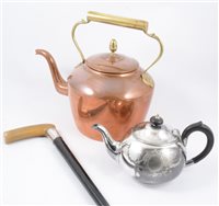 Lot 136 - A Minton "Haddon Hall" two tier cake stand, leather handbag, copper kettle and plant trough, walking cane with horn handle with silver collar, boxed