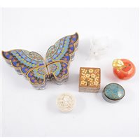 Lot 216 - A four-section cloisonné butterfly box, mahogany tea caddy, and papier mache boxes, etc.