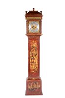 Lot 222 - Peter Walker, London, a red-ground chinoiserie decorated longcase clock