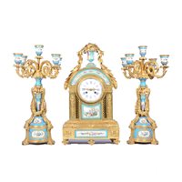 Lot 211 - Louis XVI style gilt metal and Bleu Celeste porcelain clock garniture, late 19th Century