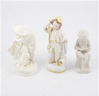 Lot 20 - Worcester white glazed spill vase modelled with a boy, and two other Continental figures (3).