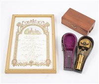 Lot 187 - Two field microscopes and a hand-written menu for Queen Victoria