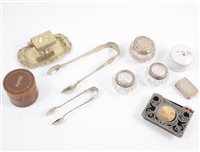 Lot 285 - Vesta stand, silver pill box by Carr's of Sheffield Ltd, Sheffield 2000, two silver rimmed glass salts, one glass salt with a silver lid etc. (10).