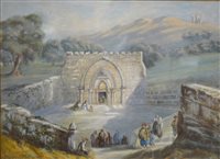 Lot 312 - E Holder watercolour, figures visiting shrine.
