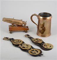 Lot 173 - A quantity of brassware to include 3 reproduction martingales, decorative ornaments and a mahogany cased barometer / thermometer