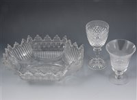 Lot 60 - Regency cut glass dessert dish, width 31cm, set of six lead crystal wine glasses, and a collection of rummers .