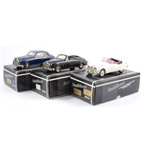 Lot 266 - Western Model Cars 'Small Wheels' white metal DS7 Vicarage Jaguar Mk 2 convertible, DS1 Jaguar Mk 2 (disc wheels), DS2 Jaguar XK150 (disc wheels), 1:24 scale, all boxed, (3).