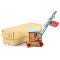 Lot 98 - Wells-Brimtoy tin-plate ACE Construction crane lift, with original box, tracks and scoop.