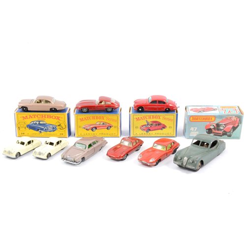 Lot 103 - Lesney Matchbox 1-75 series models no.32 E Type Jaguar, no.65 Jaguar 3.8 Sedan, no.28 Mark Ten Jaguar x2, no.47 Jaguar SS100