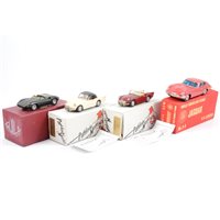 Lot 297 - Pathfinder Models Daimler SP 250 PFM9 (x2), both 1:43 scale and limited edition with certificates, a K.K.Sakura model no.A-4 Jaguar, and a Guild Master Model Jaguar XJ13, all boxed, (4).