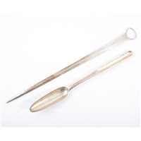Lot 158 - George IV silver marrow scoop, Edward Thomason, Birmingham 1821; and a George III meat skewer, London 1799.