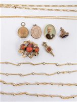 Lot 198 - A collection of Victorian and later metal jewellery, a fob set with an amethyst coloured stone, an ornate watch key