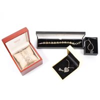 Lot 210A - A collection of modern silver jewellery, an abstract open ended bangle, a "Diamonds With Love" oval link bracelet with a 20mm heart charm set with small diamonds