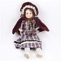 Lot 214 - Armand Marseille Germany bisque head doll, 370 1 DEP stamp, fixed eyes and open mouth, leather body, limbs, with replaced bisque hands, 55cm tall.