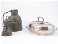 Lot 84A - A pair of silver plated entree dishes by Barker Bros, copper and brass wares etc (one box).