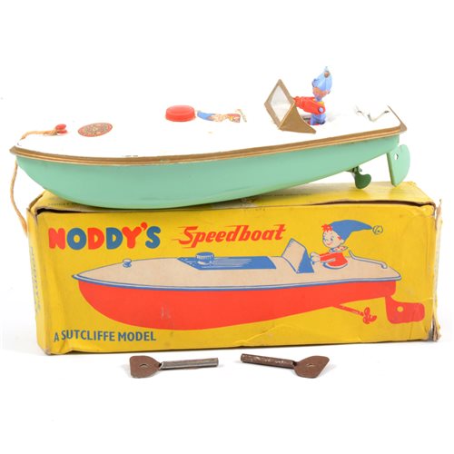 Lot 94 - Sutcliffe tin-plate model Noddy's Speedboat, with Noddy figure, logos and original box.