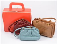 Lot 166 - Seven vintage handbags, two ruched clip top bags by "Bagcraft" in maroon and turquoise blue, a red box bag opening from both sides, etc (7)