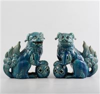 Lot 2 - A pair of Chinese porcelain models, Qilin, mottled blue glaze, unmarked, 19cm.