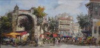 Lot 276 - B Voorscher, Continental street scene, oil on canvas, 40cm x 79cm.