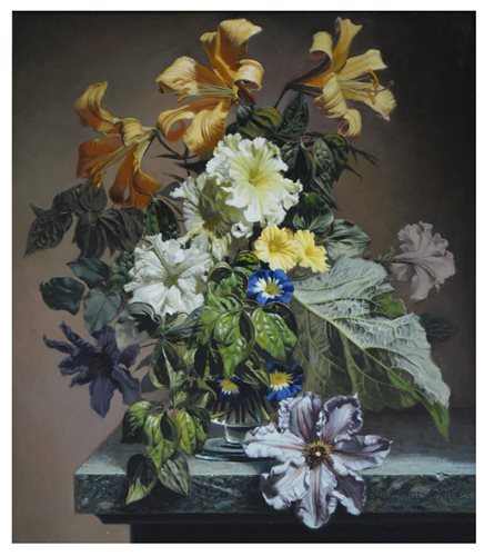 Lot 285 - Bennett Oates, Still life of flowers in a vase, oil on panel.