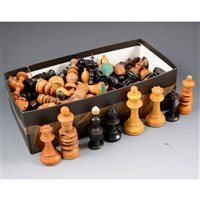 Lot 204 - Box of antique and later wooden chess pieces, various shapes, styles and sizes.