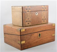 Lot 190 - Victorian walnut writing slope, brass mounts, 30cm, and a Victorian walnut and inlaid tea caddy, (2).