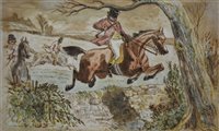 Lot 409 - Three whimiscal hunting cartoons, pen and ink; a set of four hunting aquatints, and an engraving after Herring, Charles XIIth
