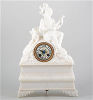 Lot 138 - Late 19th Century French alabaster mantel clock, figural case, cylinder striking movement, the case rebuilt, 45cm.