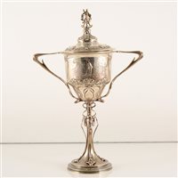 Lot 585 - A silver Art Nouveau style croquet trophy and cover, Mappin & Webb, Sheffield, 1929