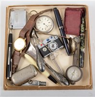 Lot 238 - Georgian silver sifter spoon, by Thomas Whipham, London 1795, pocketwatch and pens, etc.