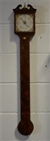 Lot 154A - Mahogany stick barometer, swan neck pediment, ebony strung outlines, square silvered dial, 99cm.