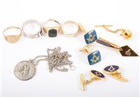 Lot 250 - Three 9 carat yellow gold rings - a 6.5mm wide wedding band, a bloodstone signet ring and another worn signet ring, gross weight approximately 12.5gms