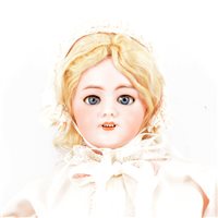 Lot 227 - Jumeau? A bisque head doll with sleeping eyes, head stamp mould number 9, open mouth and pierced ears, composition body in antique clothing, 60cm tall.