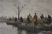 Lot 324 - After Walter Dendy Sadler, A Pegged-down Fishing Match, coloured print, published by Mendoza, 1885, 63cm x 86cm.