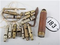 Lot 229 - Collection of police whistles, enamel plaque 183 and a small telescope.
