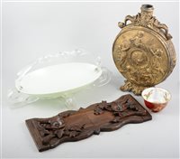 Lot 88 - Large gilt metal Moon flask, a carved oak expanding book rack, a plastic basket and an Aynsley lustre bowl.
