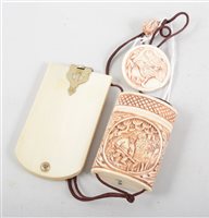 Lot 234 - A Cantonese carved bone inro signed on the base, 50mm, a Victorian/ Edwardian ivory aide de memoire