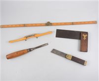Lot 100 - 9 various spokeshaves Rabone setsquare and one other, set of 8 mortice chisel blades, 2 spirit levels, etc (a lot).