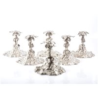 Lot 159 - Set of six electroplated dwarf candlesticks, by Elkington & Co, 1856