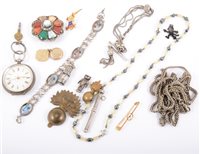 Lot 251 - A jewellery box containing a Swiss-made silver pocket watch, a small 9 carat yellow gold locket and other items.