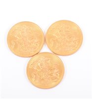Lot 252A - Three full gold sovereigns, Elizabeth II, two 1958 and one 1966, (3).