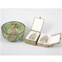 Lot 77 - A Japanese cloisonné green ground bowl together with two reverse painted snuff bottles.